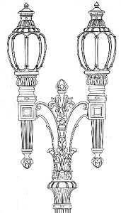 Black and white technical line drawing of a decorative twin-lantern streetlight post with ornate flourishes.
